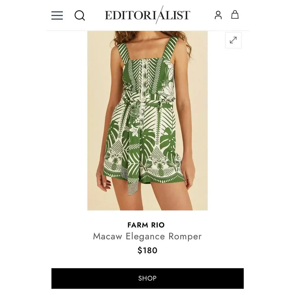 Farm Rio Macaw Elegance Tropical Romper Green Cream Sleeveless M (has call outs) - Picture 1 of 9